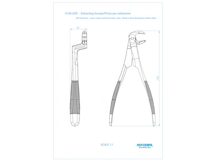 Щипцы №22R для удаления зубов для нижних и правых третьих моляров с зубчиками 0100-22R