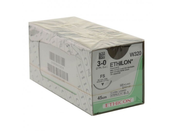 Этилон - Ethilon 3/0. 45 см. синий Обр.-реж. 26 мм. 3/8, W320