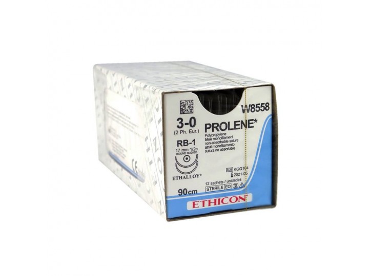 Пролен - Prolene W8558 3|0 (90 см, синий, Кол. 17 мм х 2, 1/2, 12шт.)