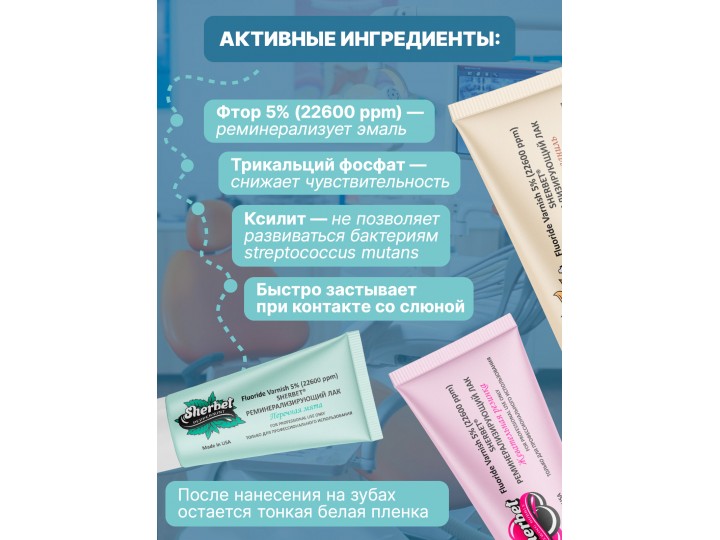 Реминерализующий фторлак Sherbet 5% 22600 ppm вкус Жевательная резинка туба 20 мл