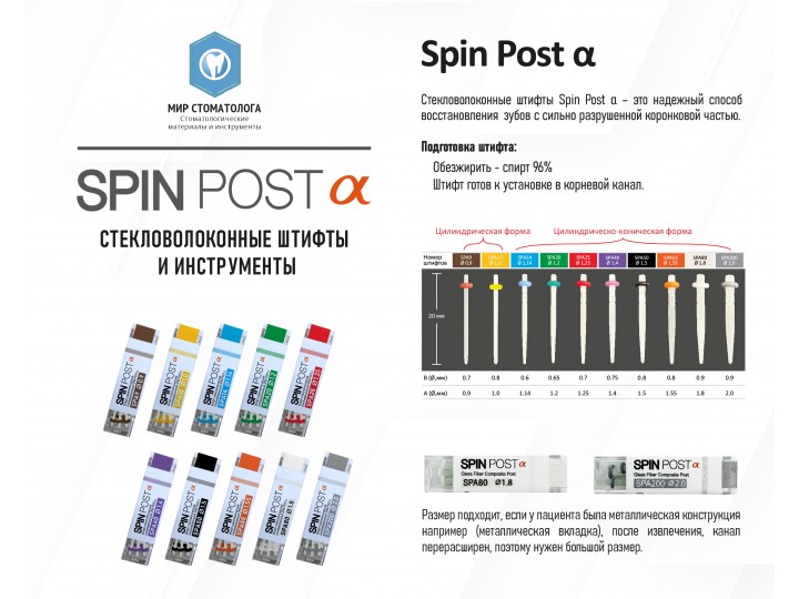Штифты стекловолоконные конические Spin Post SPA20 Ø1,20 mm (зеленый), 10 шт